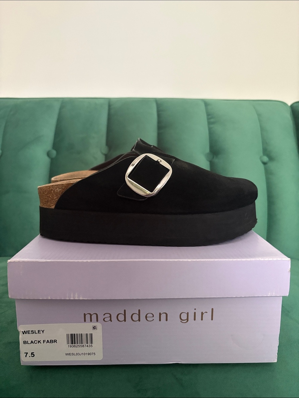 Madden Girl Black Suede Platform Mule with Silver Buckle